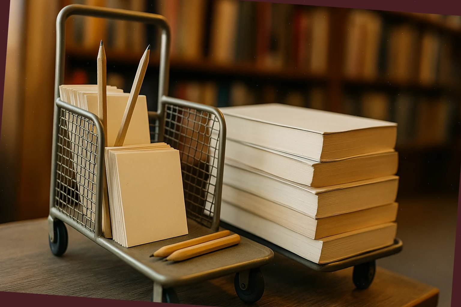 Shop cart with paper slips, pencils, and a stack of paperbacks
