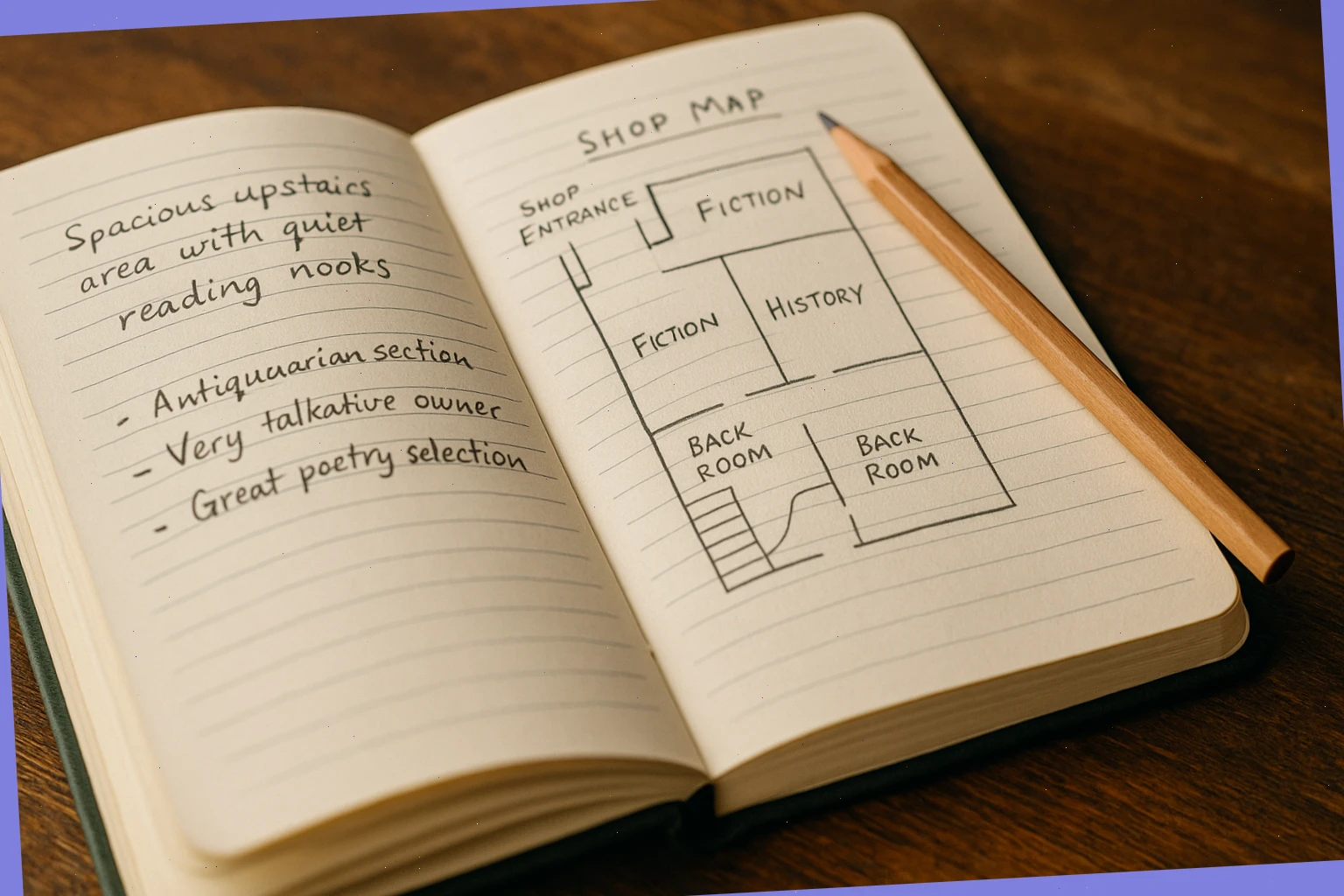 Guide notebook with shop map and pencilled margin notes