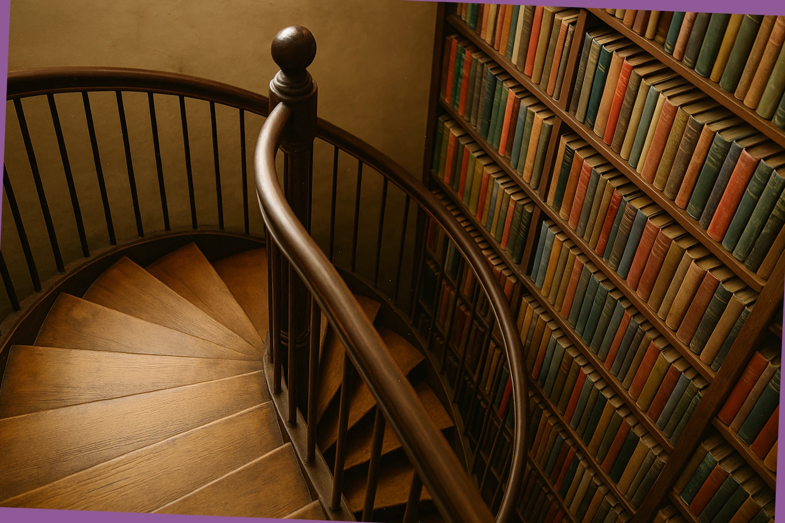 Narrow spiral steps with handrail and book spines along the wall