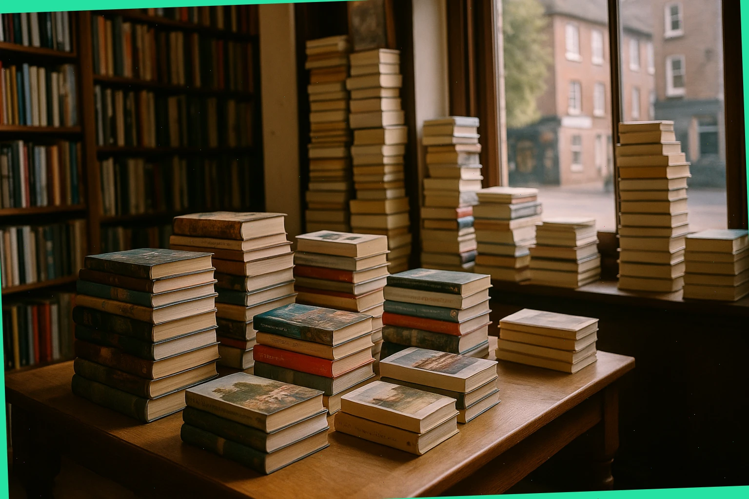 Front table and window stacks in a small independent bookshop