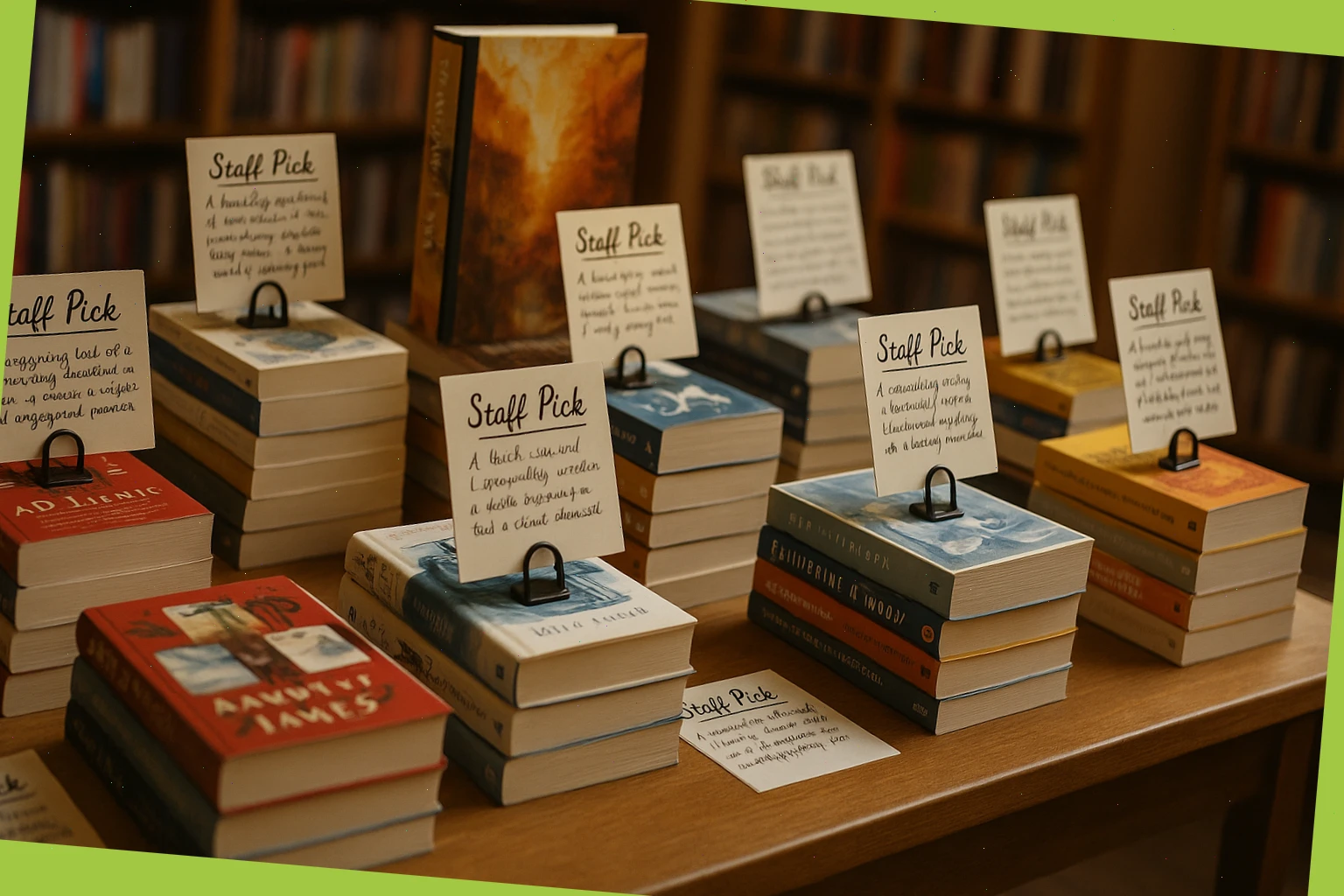 Wide table display with staff picks and handwritten cards